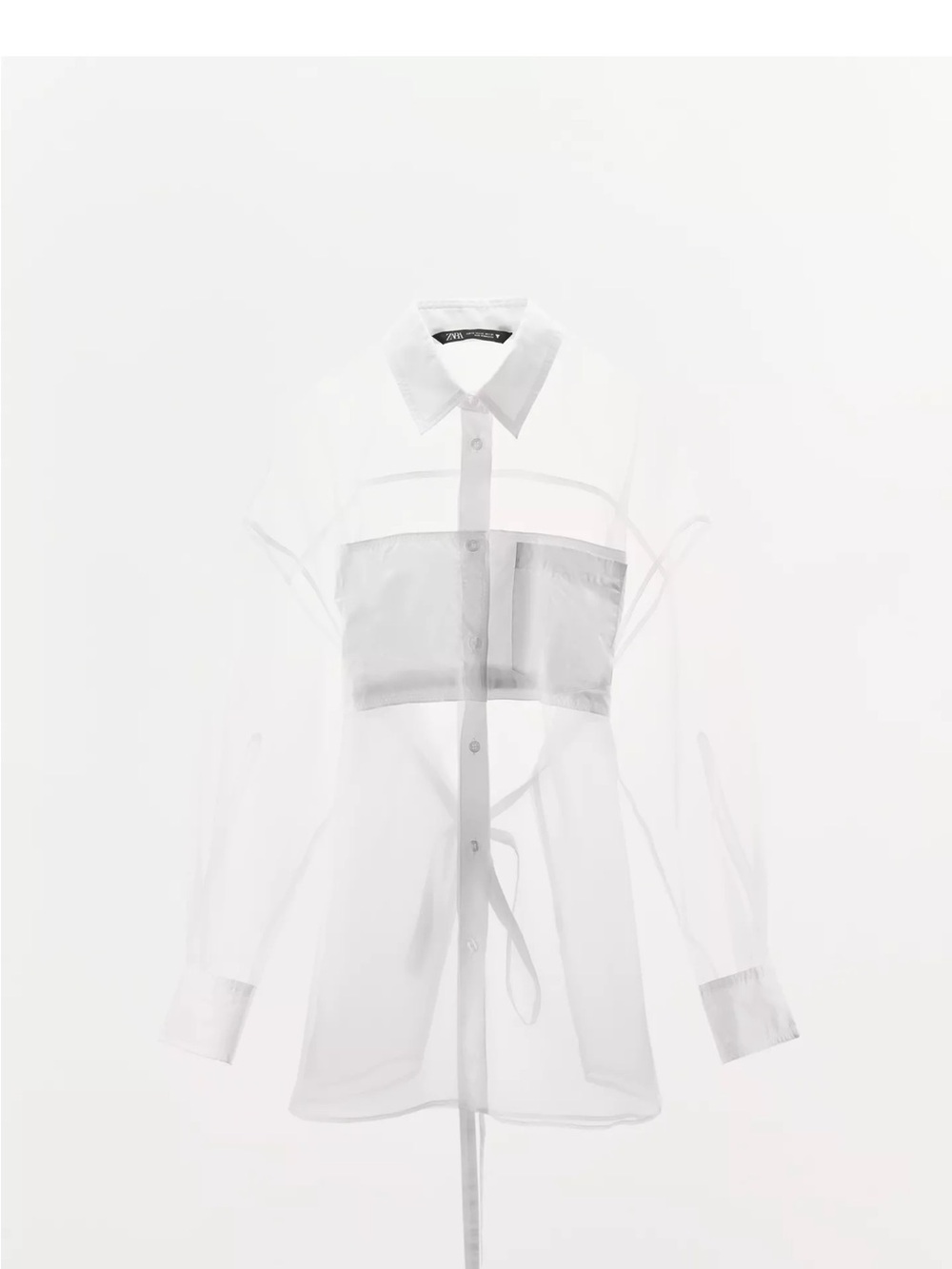Zara Sheer White Button-Front Shirt with Contrast Chest Panel